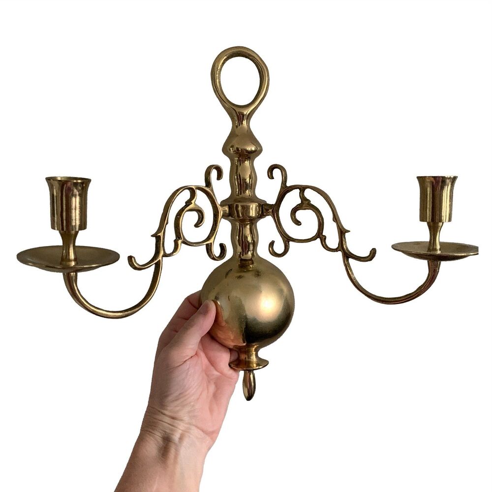 Vintage Solid Brass 2-Arm Wall Sconce Candle Holder Ornate Colonial Style